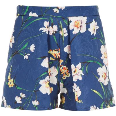 Girls blue floral jacquard shorts